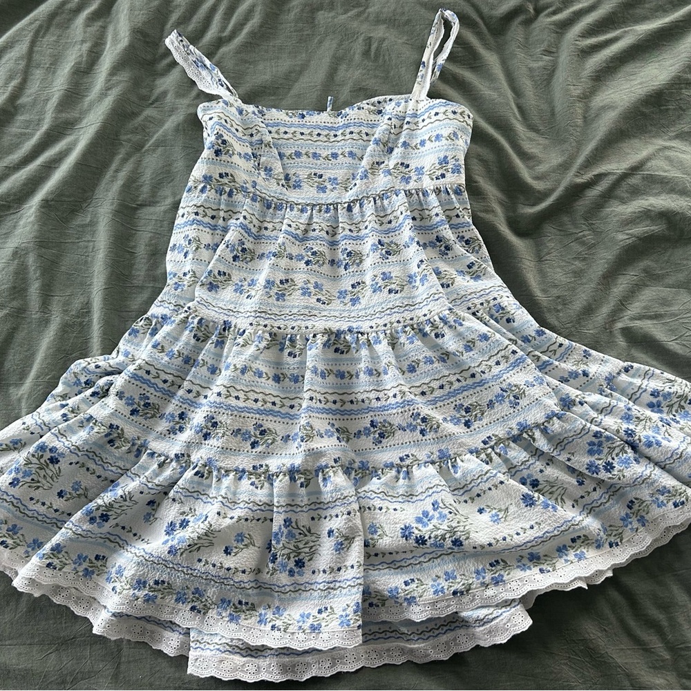 Altar'd State White and Light Blue Floral Mini Dress